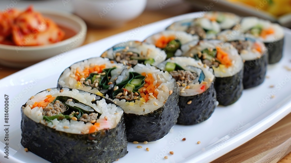 Korean seaweed rice roll or kimbap. Generative Ai Korean seaweed rice roll or kimbap. Generative Ai
