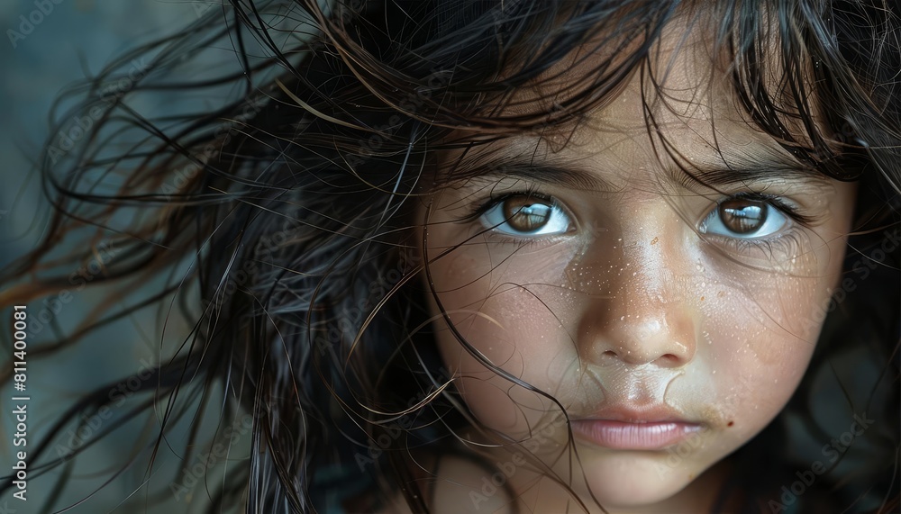 A closeup of a little girl crying with her hair messily blowing in the wind, capturing a moment of distress A closeup of a little girl crying with her hair messily blowing in the wind, capturing a moment of distress