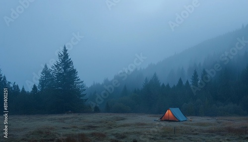 a camping tent pitched in a misty  open field surrounded by towering evergreen trees in the background. The scene has a serene  atmospheric feel with the fog hanging over the landscape.