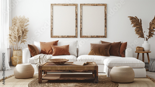  Rustic coffee table near white sofa with brown pillows against wall with two poster frames. Boho ethnic home interior design of modern living room.Cozy boho living space, Rustic and modern blend