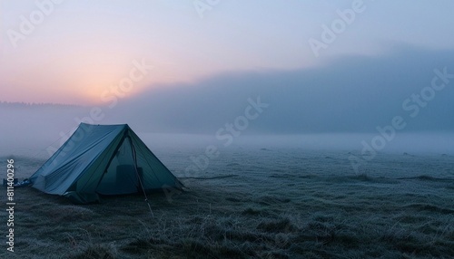 a camping tent situated in an open field or meadow  with a distant horizon line visible. The scene is enveloped in a thick layer of fog or mist.