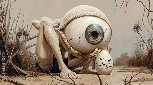Cracked Reality Abstract Surreal Exploration of Perception with Egg-Shaped Eyeballs and Skeleton Figures  Wallpaper Digital Art Poster Brainstorming Map Magazine Background Cover photo