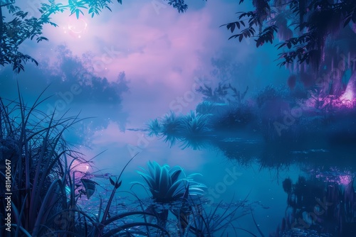 Fantasy landscape of a mystical marsh  where neon bioluminescent plants illuminate the foggy night  styled in retro colors with a banner sharpen with copy space