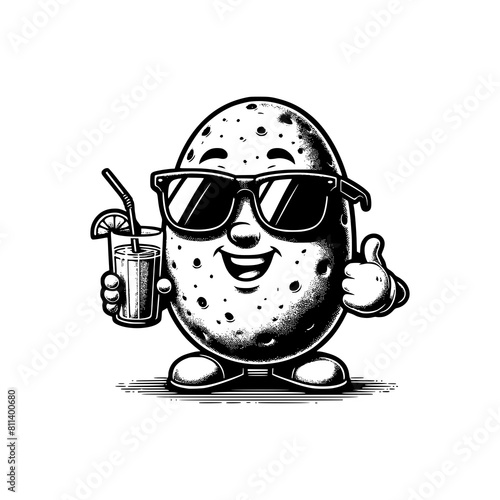 mascot potato wearing sun glasses drinking juice vector illustration