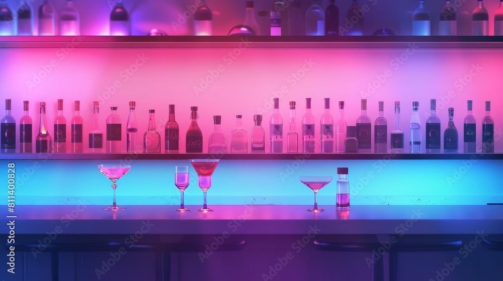 Futuristic color neon of a sophisticated cocktail bar, with solid color styling and a kawaii template sharpened with copy space Futuristic color neon of a sophisticated cocktail bar, with solid color styling and a kawaii template sharpened with copy space