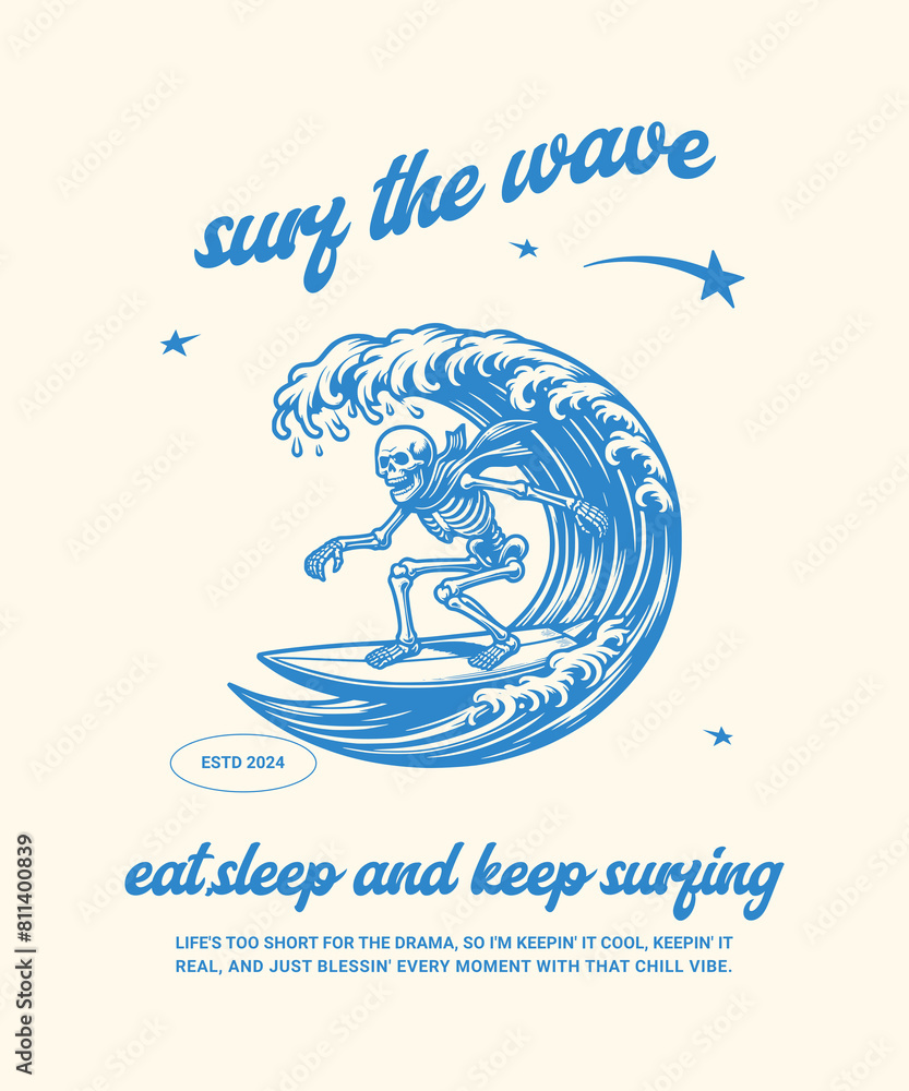 Εκτύπωση καμβά skeleton surfing wave ocean summertime vector illustration