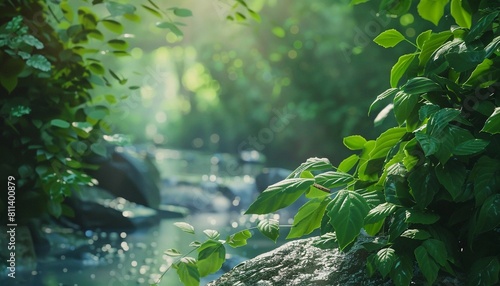a serene forest scene  with a stream or river in the background. The foreground features lush  green foliage  including leaves and branches in sharp focus  contrasted against the soft  bokeh-like blur