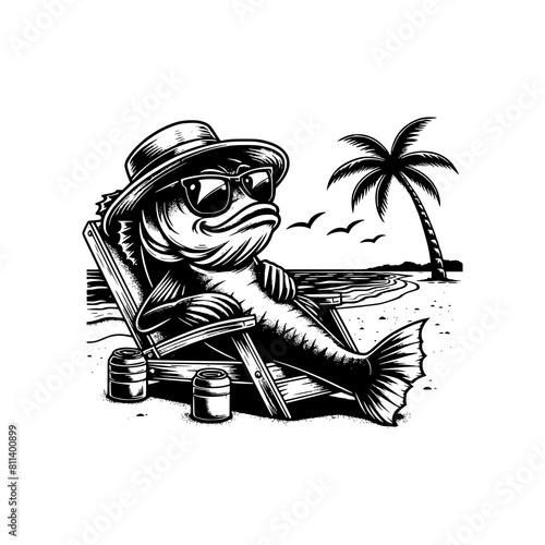 bass fish chilling in beach relax vector illustration