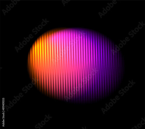 Corrugated neon circle ribbed glass effect. Round liquid gradient shape. Orange violet vibrant abstract element with prism effect black background. Vector illustration modern geometric blurry design