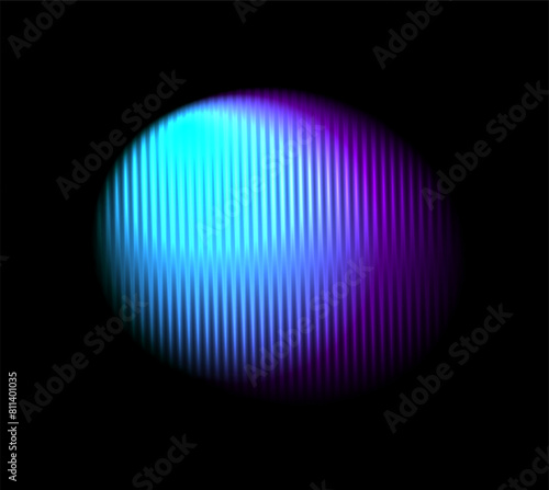 Corrugated neon circle ribbed glass effect. Round liquid gradient shape. Blue holographic abstract element with prism effect on black background. Vector illustration modern geometric blurry design