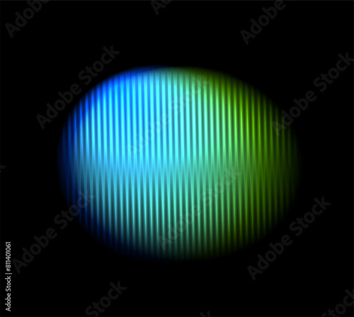 Corrugated neon circle ribbed glass effect. Round liquid gradient shape. Blue holographic abstract element with prism effect on black background . Vector illustration modern geometric blurry design