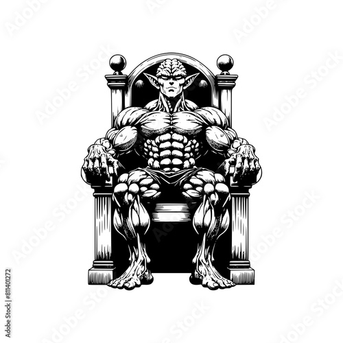 goblin king leader sitting on throne evil face vector illustration
