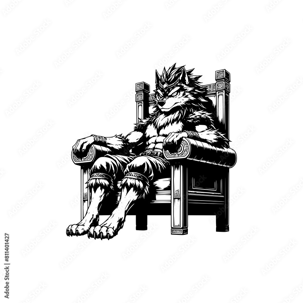 Naklejka premium beast master king wolf sitting in throne body muscle furious face vector illustration
