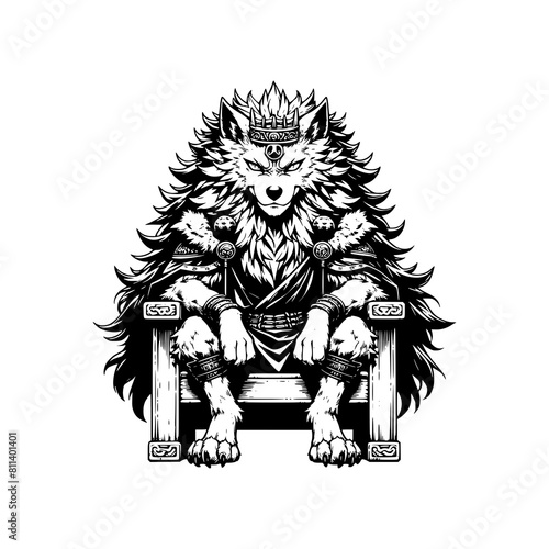 beast master king wolf sitting in throne body muscle furious face vector illustration