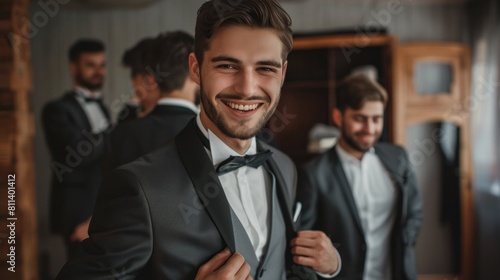 Stylish groomsmen helping happy groom getting ready in the morning for wedding ceremony. luxury man in suit in room. space for text. Generative AI photo