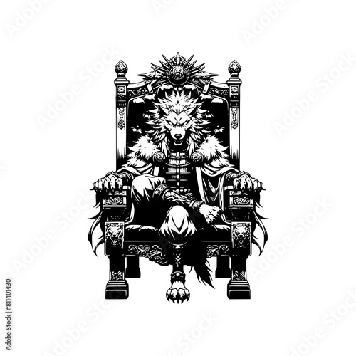 beast master king wolf sitting in throne body muscle furious face vector illustration