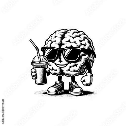 mascot brain chill wearing sun glasses drinking juice vector illustration