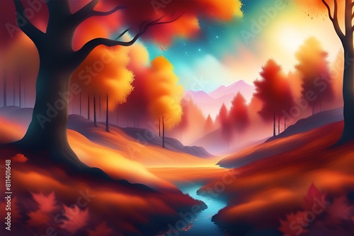 The vibrant colors of autumn foliage, with red, orange, and yellow leaves ablaze, Animation