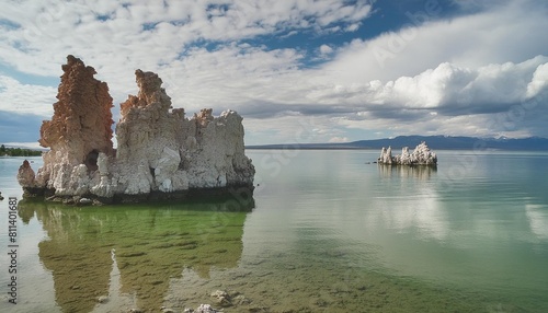 tufa formation outcrop on a partly cloudy sunny day near shallow water photo