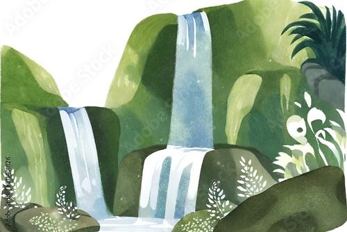 Cascading waterfall surrounded by lush vegetation and moss-covered rocks watercolor background
