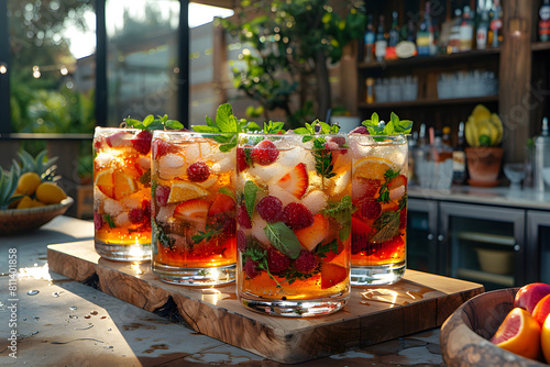 Fresh summer drinks cocktails with berries, fruits, ice and frost on glasses. Vacation open beach bar concept.