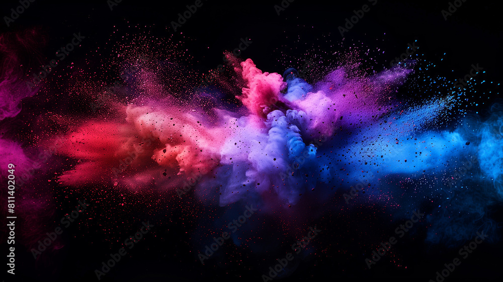 Explosion splash of colorful powder with freeze isolated on background, Abstract splatter of colored dust powder, Colorful powder explosion, Freeze motion of powder splash, Isolated background 