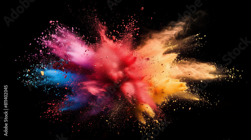 Explosion splash of colorful powder with freeze isolated on background, Abstract splatter of colored dust powder, Colorful powder explosion, Freeze motion of powder splash, Isolated background 