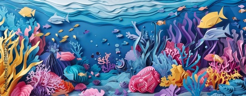 Paper art and craft style of an elaborate underwater scene featuring diverse marine life and coral reefs in solid colors