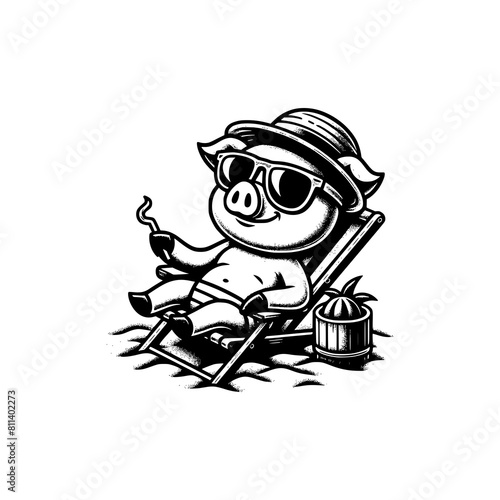 mascot pig chill in beach vector illustration