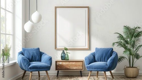 Modern chill room interior two blue armchairs and drawer near window, mockup frame photo