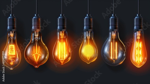 Trendy modern icon set of pendant light bulbs with one luminous. Energy-saving light bulb icon set. photo