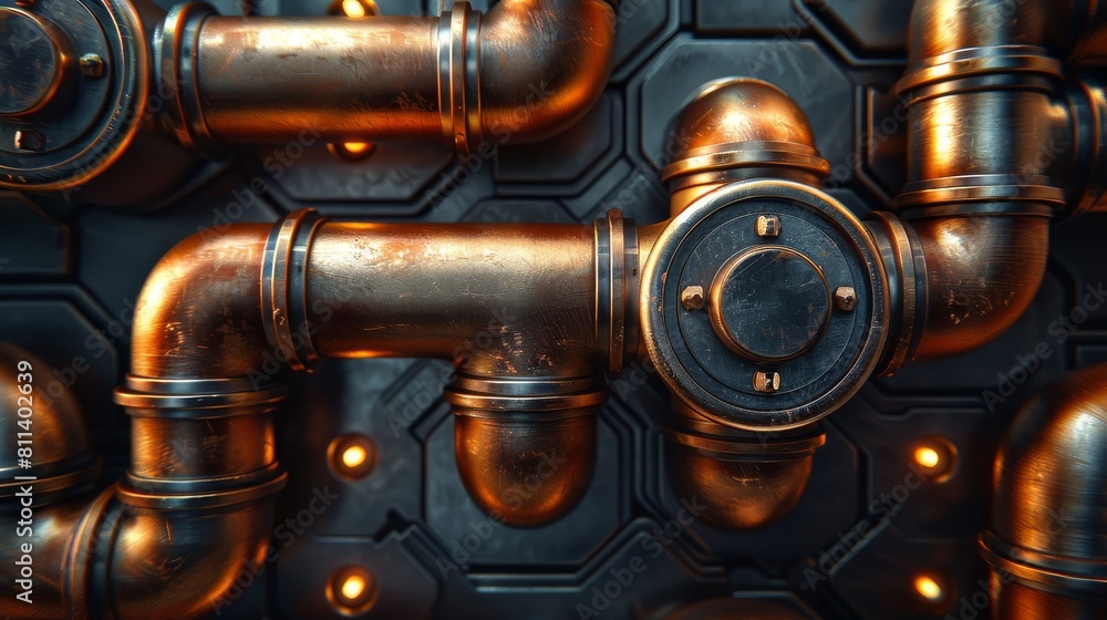 A copper pipe background with a banner. Metal pipes for housing and ...