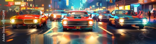 Show Glow HUD Big icon set of vintage cars, celebrating classic automotive design, with a very blurry streetscape backdrop © JK_kyoto