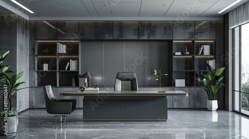 gray CEO office interior with bookcase
