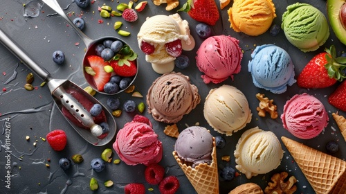 Fresh fruit with scoops of creamy speciality ice cream in assorted flavors with raspberry, berry, blueberry, strawberry, walnut , pistachio, chocolate, sugar cones and a scoop for serving from above photo
