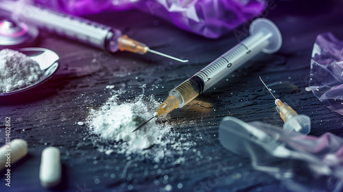 syringe drug with white powder heroin powder in a spoon and small bags and tablets photo