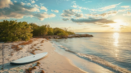 A surfboard rests on the sandy beach, overlooking the azure waters of the ocean under a clouddotted sky in this picturesque natural landscape AIG50