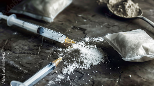 syringe drug with white powder heroin powder in a spoon and small bags and tablets