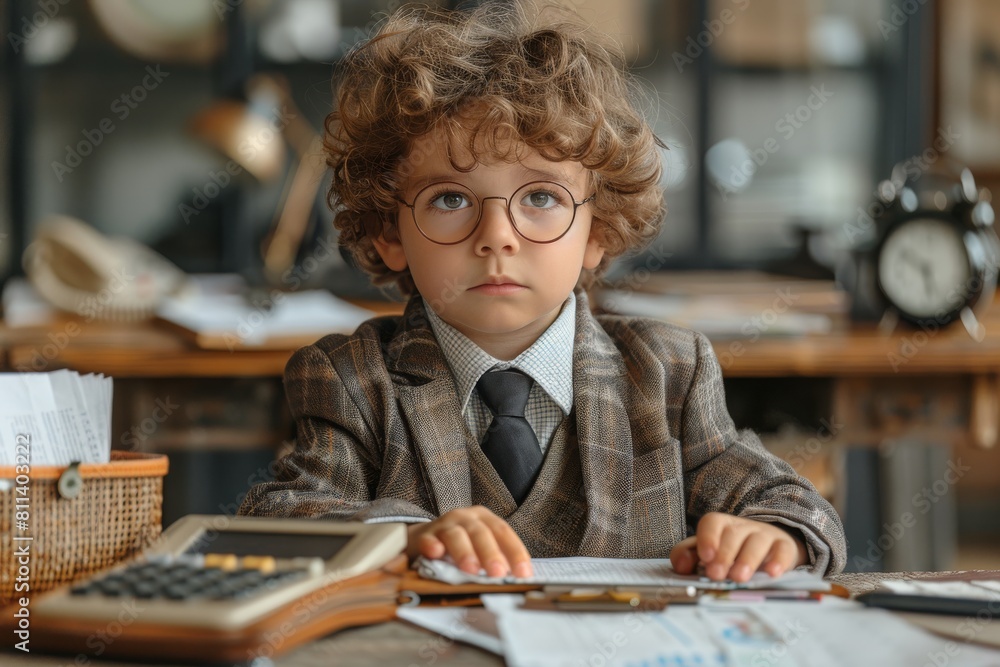 A contemplative child dressed in a suit works diligently with a calculator in a vintage office setting A contemplative child dressed in a suit works diligently with a calculator in a vintage office setting