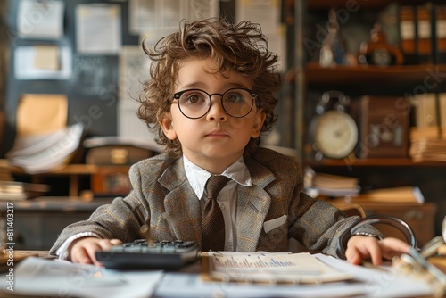A young boy in glasses and vintage clothing deep in thought with calculator and documents in an office photo