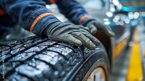 An auto mechanic inspects and processes car tires in an auto repair shop, taking particular note of the tread and hands of the tires. photo