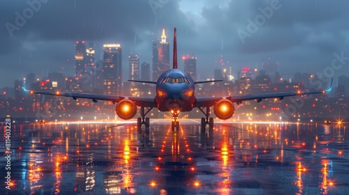 The view of a futuristic cityscape with illuminated skyscrapers and a plane preparing for takeoff in an illuminated sky is futuristic