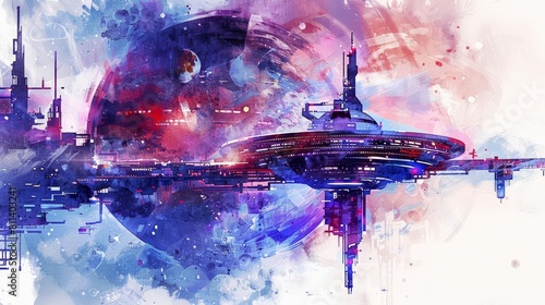 Fototapeta Naklejka Na Ścianę i Meble -  Watercolor of a hightech space station orbiting a distant planet, illustrated in cyberpunk styles, clipart watercolor easy detail on white background