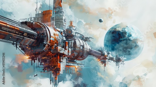 Fototapeta Naklejka Na Ścianę i Meble -  Watercolor of a hightech space station orbiting a distant planet, illustrated in cyberpunk styles, clipart watercolor easy detail on white background
