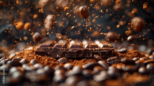 An image of popping coffee beans over rich dark chocolate captures the essence of a fusion of tastes. photo