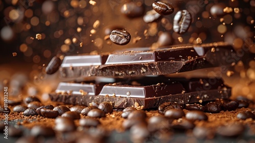 An explosion of coffee beans atop a bar of dark chocolate, capturing the essence of a fusion of flavors. photo
