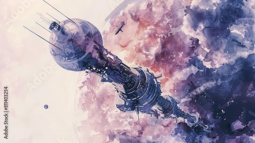 Fototapeta Naklejka Na Ścianę i Meble -  Watercolor of a hightech space station orbiting a distant planet, illustrated in cyberpunk styles, clipart watercolor easy detail on white background