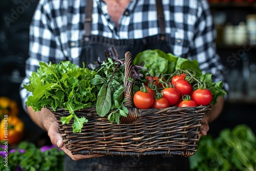 Close up of a farmer holding a basket with a variety of fresh vegetables and herbs © Larisa AI