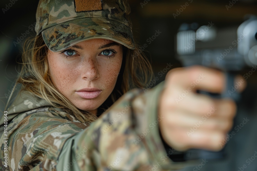 A serious young woman in military uniform focuses intensely while aiming a gun, conveying power and determination A serious young woman in military uniform focuses intensely while aiming a gun, conveying power and determination