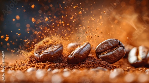 Coffee beans explode with ground coffee dust in a dynamic way